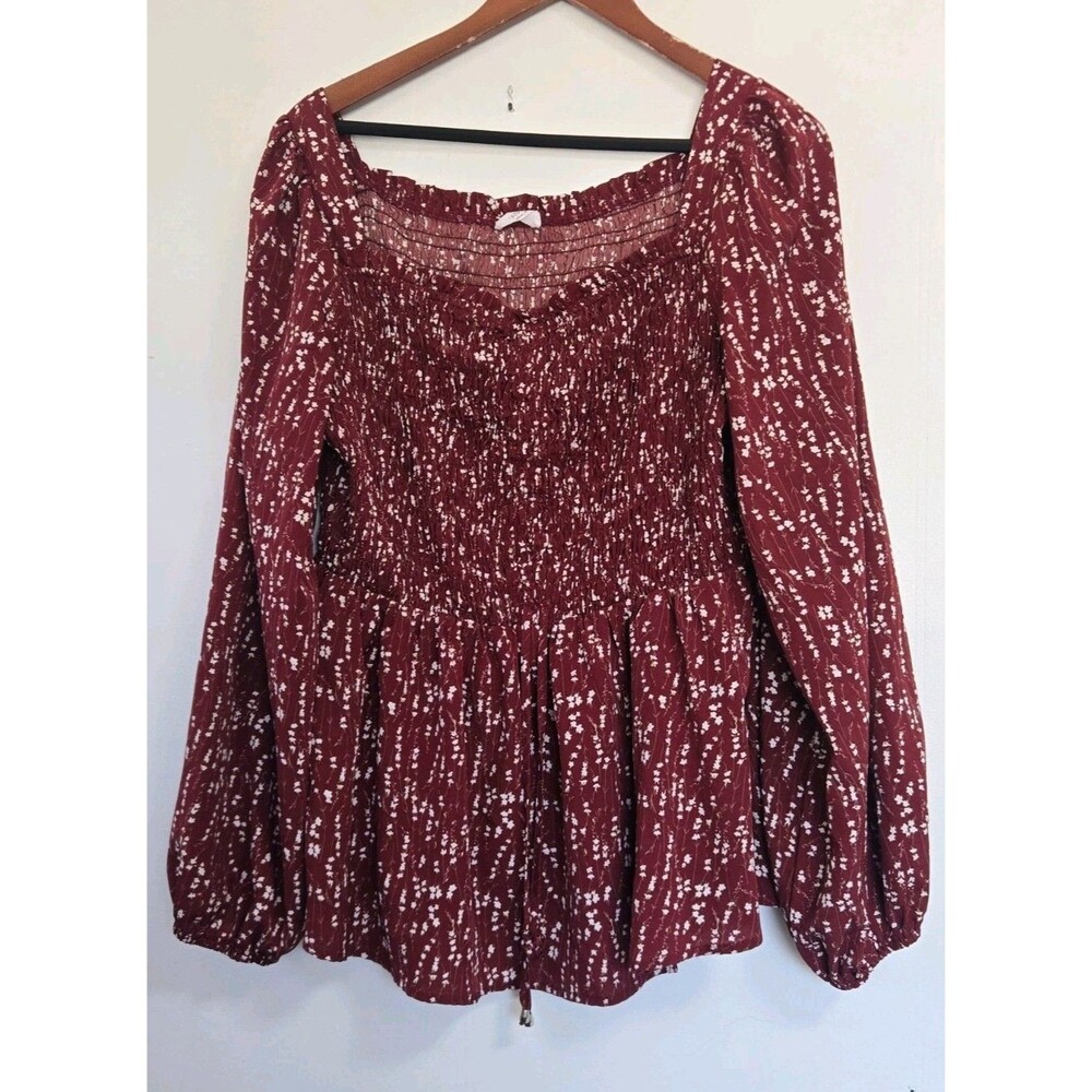 ChicSoul Blouse Womens 1X Plus Red Floral Smocked Boho Festival Cottagecore